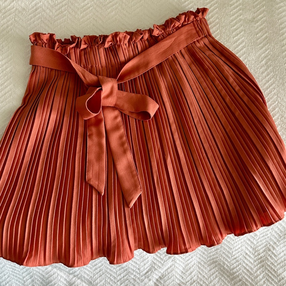 Haute Monde Belted Micro Pleated Flounce Skirt Rust Burnt Orange Women’s Size  L